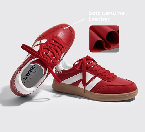 Image of LUCKY STEP Women Retro Gum Sole Fashion Sneakers | Genuine Leather Classic Tennis Skate Walking Shoes Anti Slip Trainers