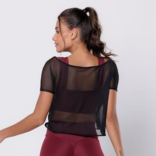 Cropped Furadinho Feminino De Tule Transparente Roupa de Academia Moda Fitness F7 NEW STYLE (BR, Alf