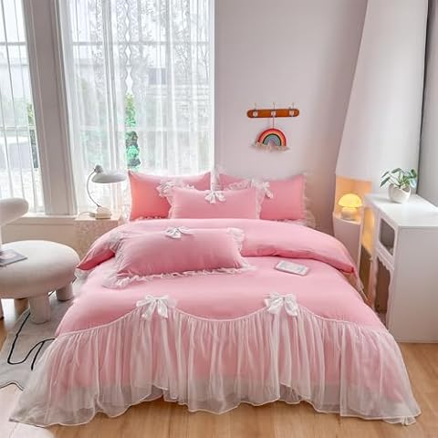 Bright Pink Girls Lace Bedding Set by SOUKECHY Cover