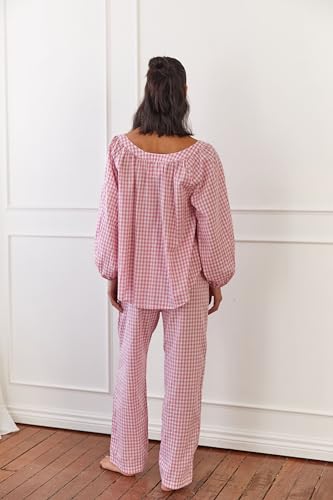 Image of Argeousgor Women Plaid 2 Piece Pajama Set Button Down Puff Sleeve Babydoll Shirt Gingham Pants Pj Lounge Set Sleepwear