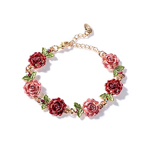 Flower Bracelet,Colorful Link Bracelets Rose Flower Leaf Bangle Bracelet Anklet Cloisonne National Chain Hand Jewelry With Charm rhinestones For Women Lady Girl,With Adjustable Extension Chain Gift Box