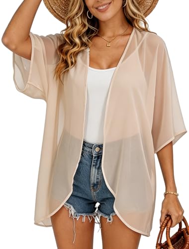 Image of FINOCEANS Womens Floral Chiffon Kimono Cardigans Loose Beach Cover Up Half Sleeve Tops