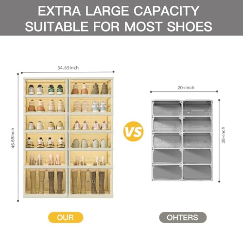 Image of 6 Tiers Foldable Shoe Rack Organizer for Closet with Wheels, 2 Packs of 12Pairs Plastic Collapsible Shoe Shelf for Front Door Entrance Stackable Clear Tall Shoe Cabinet