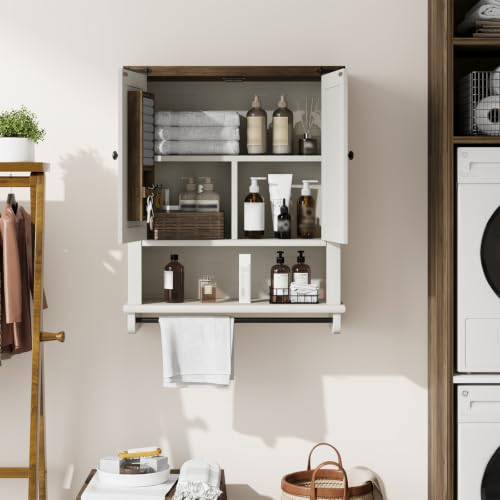 Image of QUW Farmhouse Bathroom Wall Cabinet, Modern Medicine Cabinets with Towel Bar & Jewelry Holder, Over The Toilet Storage Cabinet with Barn Door for Laundry, Living Room, Hallway, Antique White
