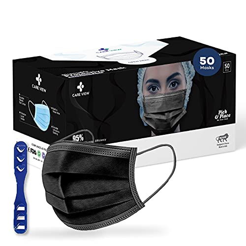 Image of 3 Ply Disposable Cotton Face Masks (Pack of 50, Black) for Unisex with Nose Pin BIS, (ISI) Certified Mask with Melt Blown Layer