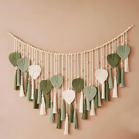 Ni-JASW Green Macrame Wall Hanging Decor 29.5" x 49.3”, Chic Boho Leaf Feather Tassel Garland Tapestries for Bedroom Living Room Nursery Decor Cover