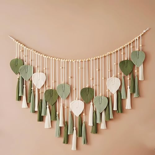 Ni-JASW Green Macrame Wall Hanging Decor 29.5" x 49.3”, Chic Boho Leaf Feather Tassel Garland Tapestries for Bedroom Living Room Nursery Decor