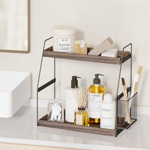 Fixwal Countertop Organizer For Bathroom, 2-Tier Wood Bathroom Counter Organizers With Basket Sink Shelf Cosmetic Storage Standing Vanity Tray Makeup Kitchen Spice Rack thumb #3