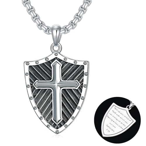 Shield of Faith Necklace with Ephesians 6:11-18 925 Sterling Silver Armor of God Pendant Knight Templar Necklace Jewelry Gift for Men