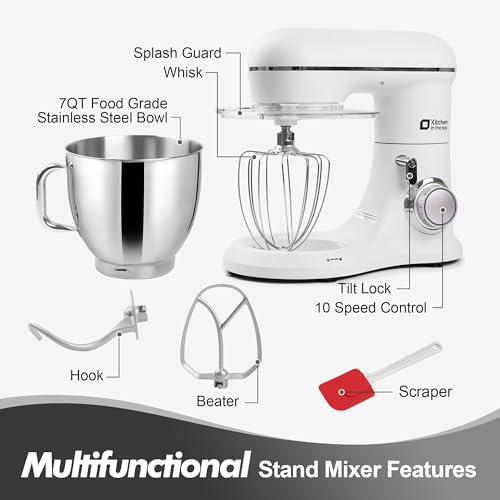 Image of Kitchen in the box 7QT 900W 10-Speed Stand Mixer, Tilt-Head Kitchen Electric Mixer with Dough Hook, Whisk & Flat Beater(Frost White)