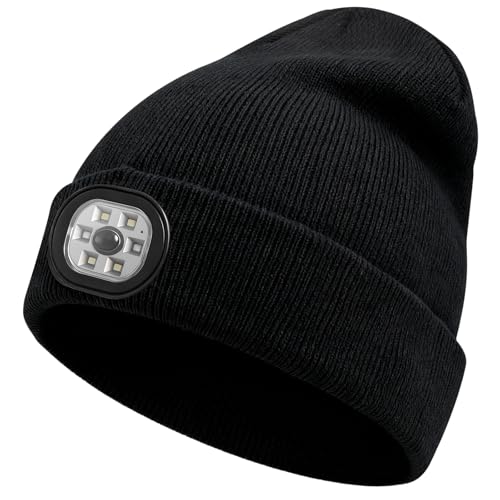 CNMTCCO LED Beanie Beleuchtete Mütze mit Licht,Wiederaufladbare USB Laufmütze mit Licht Extrem Heller 6 LED Lampe dreistufige Einstellung Winter Warme Stirnlampe für Herren...