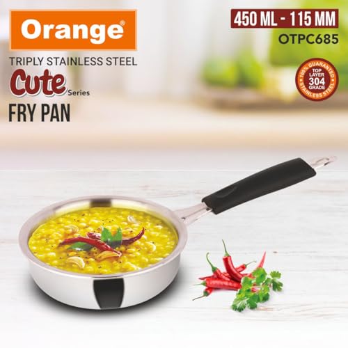 Image of Orange Triply Stainless Steel Mini /Baby /Small Sized (Cute Fry Pan 450 ML) | Heavy Bottom | Induction Friendly | 2.5mm Thickness | Cool Touch Bakelite Stainless Steel Handle | 5Year Warranty