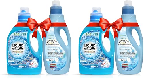 ECOLYTE+ Liquid Laundry Detergent & Fabric Softener Bundle, 6 in 1 Deep Clean, Perfect Clean, Long Lasting Scent, Enhances Softness, Feel Luxurious - (Ocean Breeze, 2 Liter, Pack of 4)