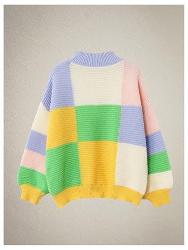WDIRARA Women's Plus Size Plaid Mock Neck Drop Shoulder Sweater Color Block Long Sleeve Knit Tops Pullovers2