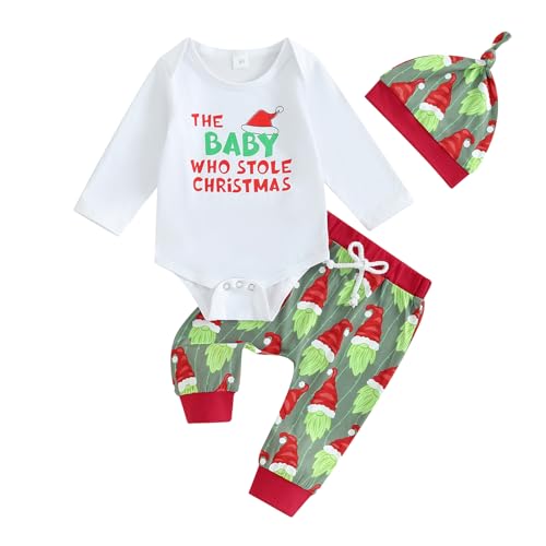 Image of Lamuusaa Newborn Baby Boy Christmas Outfit My First Christmas Romper Shirts Long Pants Hat 3Pcs Fall Outfits 0-24M