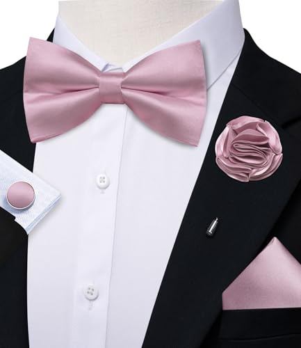 Image of Solid Color Bow Ties for Men Silk Pre-tied Tuxedo Bowtie Set 4PCS | Pre-tied in 3 seconds,adjustable 4PCS bow tie and pocket square cufflinks lapel pin set,wedding,formal,party,prom,graduation
