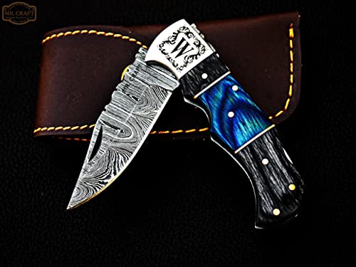 Personalized & Customized Word "W" Damascus pocket knife folding hunting knives 6.5" back lock with leather sheath Damascus blade knife - folding camping pocket knife - small folding knife - handmade gift knife - folding knives - sharpest pocket knife - hiking knife - outdoor knife - best pocket knife - mens knife (W) -  MR. CRAF...