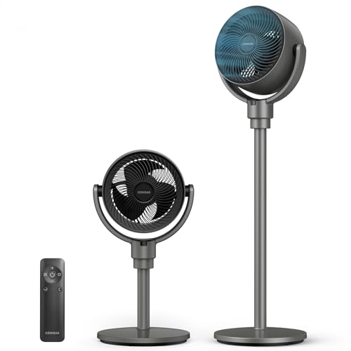 COWSAR Standing Fan for Bedroom, 20dB Quiet Floor Fan, 150°+120°Auto Oscillating Pedestal Fan with Remote, 6 Speeds 3 Modes, 7H Timer, DC Motor, 2 Heights, Air Circulator Fan, Grey