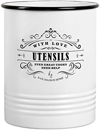 Baie Maison Kitchen Utensil Holder for Countertop – Farmhouse Kitchen Tools Storage Organizer Utensil Crock – White and Black Kitchen Utensils Holder Large – Cooking Utensils Caddy Jar for Spatulas