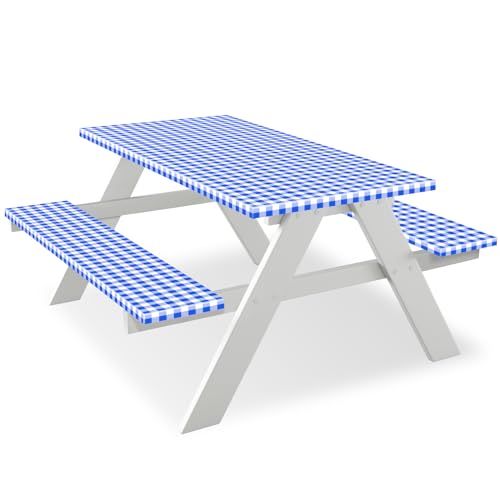FEPITO 3 Pcs Picnic Table Cover with Bench Covers 3-Piece Set 30 x 72 Inch Picnic Vinyl Picnic Table and Bench Fitted Tablecloth Cover Blue-White Plaid for Outdoor BBQ Holiday Party Camping by FEPITO - Used condition - CA$23.89