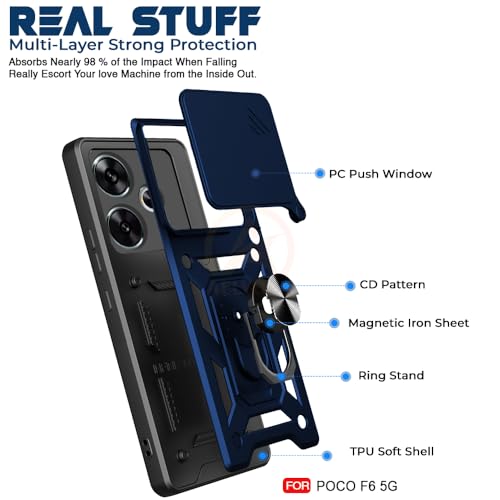 Image of Armor Bumper Back Cover Case for Poco F6 5G | Rotating Camera Cover, Ring Holder & Kickstand | Heavy Duty & 360 Degree Protection Poco F6 5G Back Cover (Blue)
