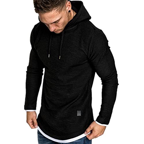 Remxi Men's Long Sleeve Pullover Hoodie Tops Sportwear Muscle Hoodie T-Shirts Solid Color Sweatshirt For Men SolidBlack XL