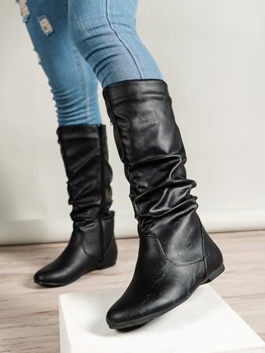 Women's Slouchy Knee High Boots Pull On Flat Boots with Side Zipper Fall Winter Western Cowgirl Booties for Women Soft Faux Leather Round Toe Low Heels Combat Mid Calf Tall Dress Boots2