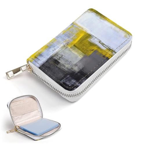 Women Leather Coin wallet, Key Change Organizer Zipper Card Holder Purse Clutch Pouch Pocket 4.5x3.15 in Print Grey Yellow White Dark Abstract Art Painting2