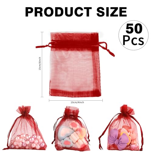 Image of BOEIAC Organza Bags: 50 Mini Mesh Candy Bags - Small Size (4 x 6 inch) for Wedding, Party, Valentine's Day Favor - Burgundy