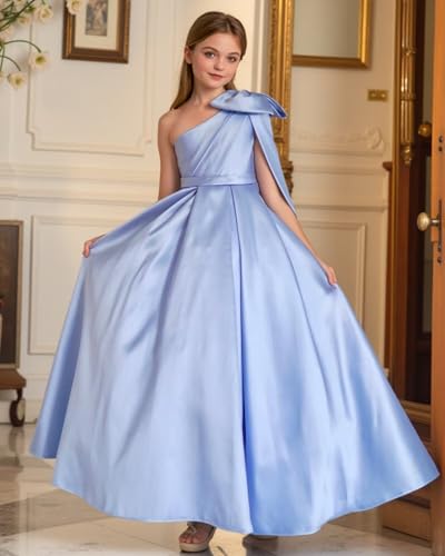 One Shoulder Flower Girl Dresses for Wedding Satin First Communion Dress Princess Pageant Ball Gown with Bow4