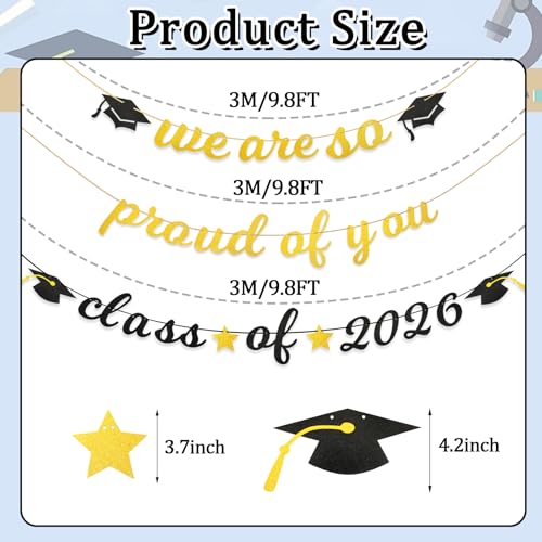 Image of Graduation Banner, Class of 2026 Pre-Strung Black Gold Glitter Banners We Are So Proud of You Graduation Garland for Congratulation Graduations School Home Party Decorations