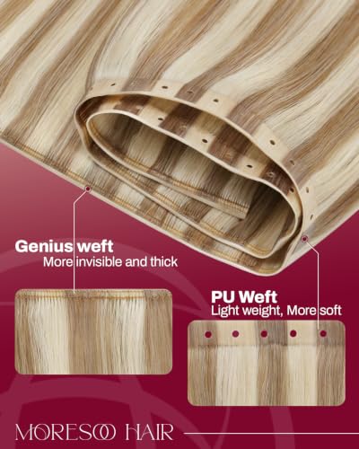 Image of Moresoo Butterfly Weft Hair Extensions Human Hair Blonde Highlight 16inch | Invisible Genius Weft, Highlights Golden Honey with Light Blonde, Add Volume, OVO PU Hole, Straight Soft Remy Hair 50g