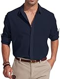 Friptspyg Camisa de Lino Hombres de Algodón de Manga Larga de Verano Casual de Hombre Camisa de Playa Regular Fit, Azul Marino L