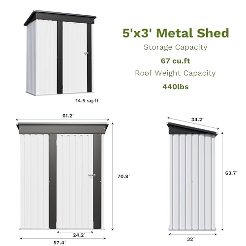 Image of Patiowell 5x3 FT Outdoor Storage Shed, Garden Tool Shed with Sloping Roof and Lockable Door, Metal Shed for Backyard Garden Patio Lawn, White