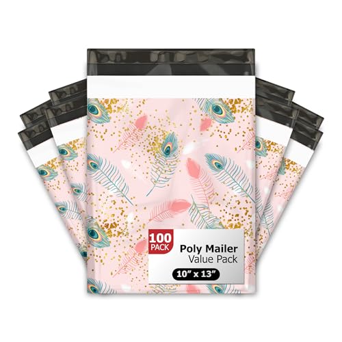 10x13 (100) Pink Peacock Feather Designer Poly Mailers Waterproof Self Sealing Tear Resistant Polymailers Shipping Envelopes Premium Printed Bags For Small Businesses