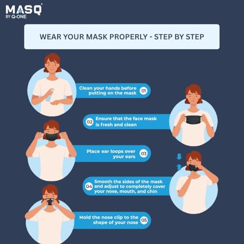 Image of MASQ By Q-One Single Use Disposable Black Face Mask, Soft on Skin, 3-ply Masks Facial Cover with Elastic Earloops and Nose Clip Great For Home, Office, School, and Outdoors