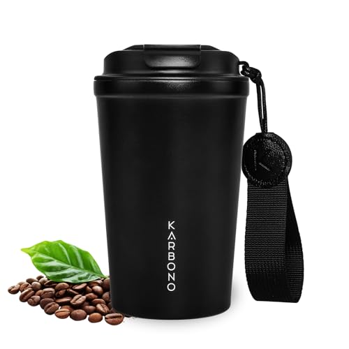 KARBONO | Vaso Termo Café para llevar 400ml - Vaso Termico Antigoteo, Acero 18/10 | 316 - Taza Termica acero inox sin BPA Hermético Antiderrames para Café Frío y Caliente, Leche y Té (Black Magma)