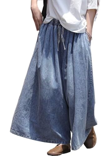 EXPOING Extra Wide Leg Denim Pants for Women Long Jeans Elastic Waist with Pockets Plus Size Loose Casual (Blue XL)