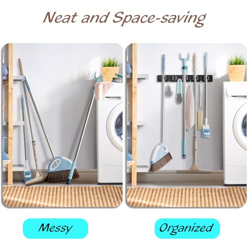 OUTNILI Mop and Broom Holder Wall Mount - Black Broom Mop Hanger - Wall Mounted Garden Tool Rack Organizer for Closet Garage Laundry Room Kitchen Decor With 5 Slots & 4 Hooks - Image 3
