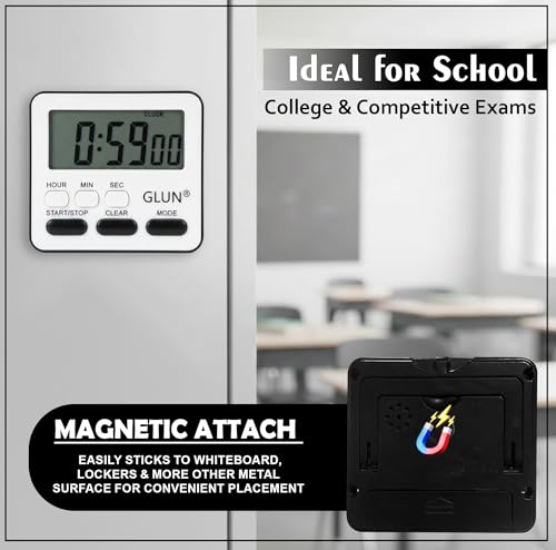 Image of GLUN Digital Stopwatch & Countdown Timer | Large LCD Display, 24Hr Clock, Loud Alarm | Magnetic Back, Retractable Stand & Hanging Hole | Study, Kitchen & Cooking Timer (Black)