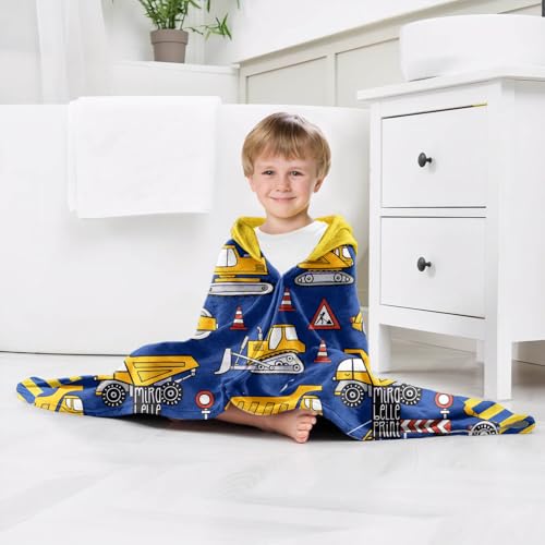 Image of Engineering Vehicle Boys Beach Towel with Hoodie for Kids Toddlers Age 4-8,Car Blue Bath Towels Shower Wrap for Boys, Hooded Poncho Beach Blanket for Pool Swimming Cute Wearable Bath Towel for Child