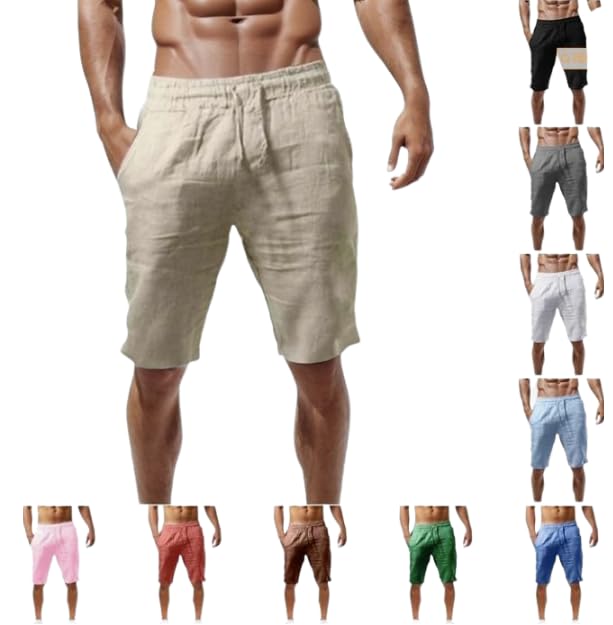 Genérico 2024 Pantalon Lino Hombre Pantalones de algodón y Lino Hombre Verano Bermudas Hombre Verano Casual Cordón Bolsillos Shorts con Bolsillos Cintura Elástica Transpirable Moda Comodidad Talla grande