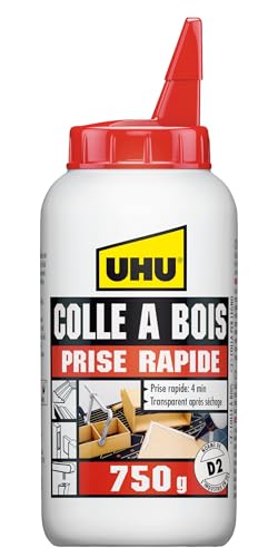 UHU Colle à Bois Express- Colle Bois Vinylique Extra Forte et Séchage Rapide - Résistante à l'Humidité (D2) - Sans Solvant - Transparente après Séchage - Bouteille de 750 g