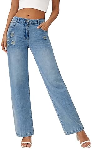 HVEPUO Mid/Low Waisted Ripped Jeans for Women Straight Leg Stretc...