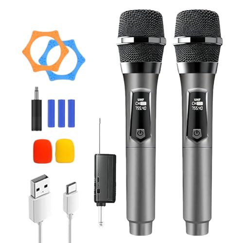 Kabelloses Mikrofon, Wiederaufladbares Funkmikrofon, Dual-Handmikrofon mit USB-C, Mikrofon Kabellos, UHF Kabelloses Mikrofonsystem Plug-and-Play für Karaoke DJ Reden Partys Bühne...
