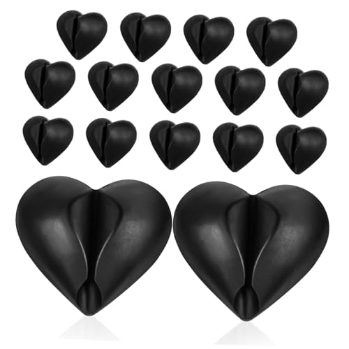 Juego de 16 clips adhesivos para cables con forma de corazón para gestión de cables en escritorio | Material TPR, respaldo con remoción limpia, diseño compacto, para paredes de cerámica y escritorios de madera, color negro
