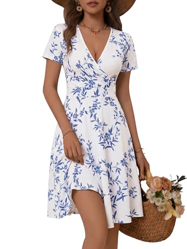 Image of MSBASIC Womens Summer Wrap V Neck Casual Dresses Floral Short Sleeve A-Line Midi Sundress