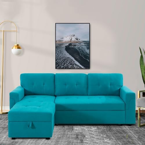 Naomi Home Transform Any Space: Sleeper Sectional Sofa with Convertible Sofa Bed & Inviting Chaise. Find Tranquil Comfort with Stress-Relieving Design & Durable Cushions - Teal/Velvet