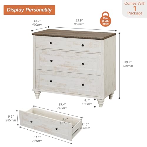 Image of WAMPAT Baby Dresser for Bedroom with 3 Drawers, Kids Dressers with Wide Chest of Drawers, Farmhouse Wooden Closet Storage Organizer, Small Dressers for Living Room, Nursery, Hallway, Rustic White