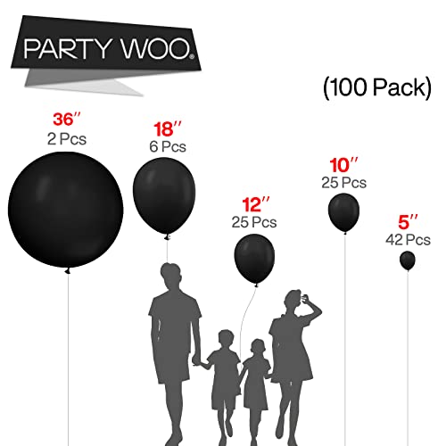 Image of PartyWoo Black Balloons, 100 pcs Matte Black Different Sizes Pack of 36 Inch 18 Inch 12 Inch 10 Inch 5 Inch Black for Balloon Garland or Balloon Arch as Party Decorations, Black-Y18